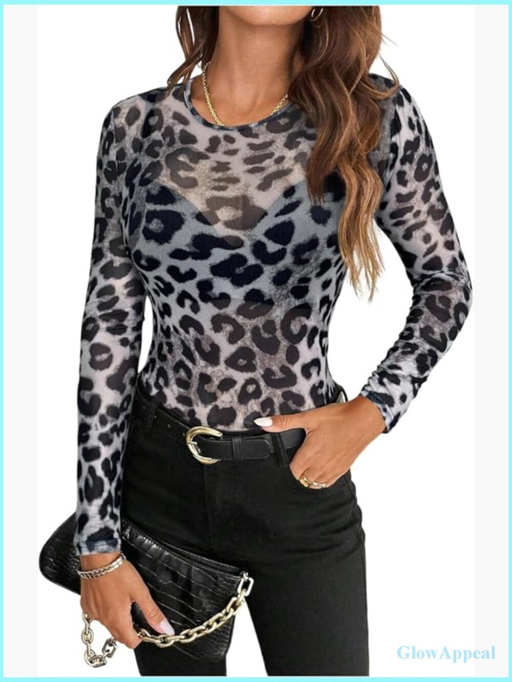 Leopard Print Mesh Long Sleeve Slim Fit T-Shirt